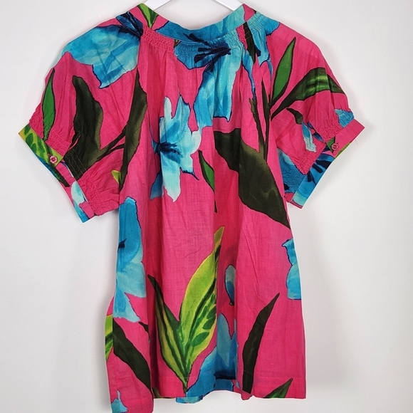 Caribbean Joe Cotton Tropical Pink Multicolor Smocked Button-Up Blouse Size XL - Picture 9 of 9